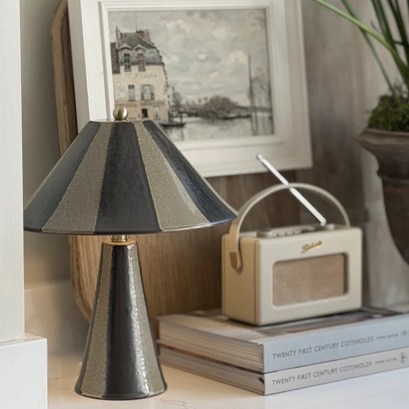 Handcrafted Stripes Brown Stoneware Ceramic Lamp and Shade