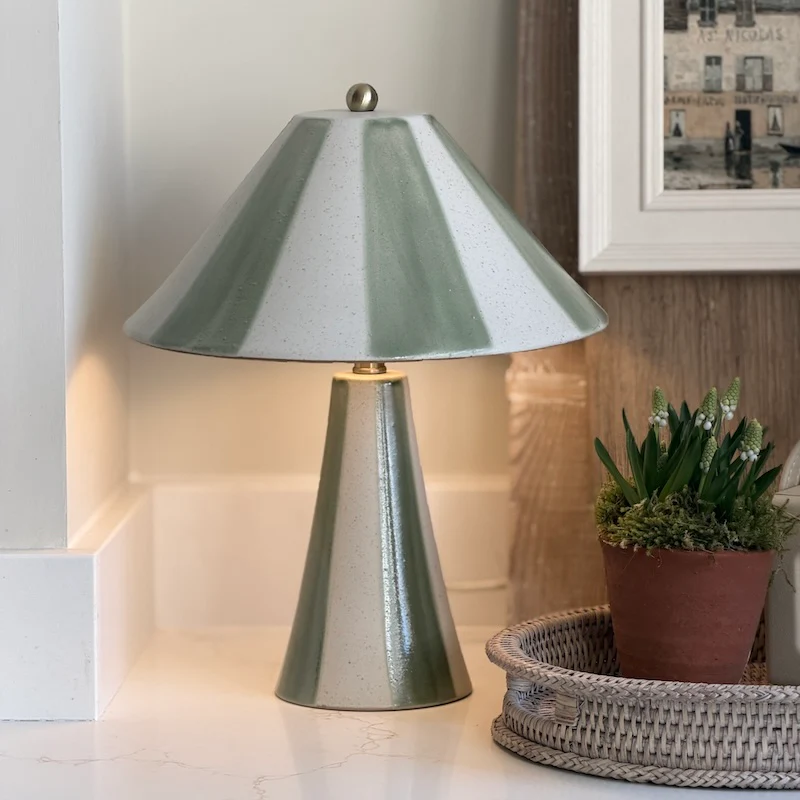 Handcrafted Stripes Verdant Stoneware Ceramic Lamp and Shade
