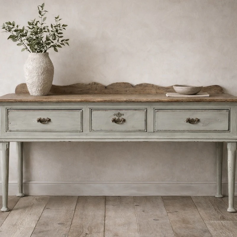 Vintage French Weathered Console Table - Scalloped Back & Oak Top